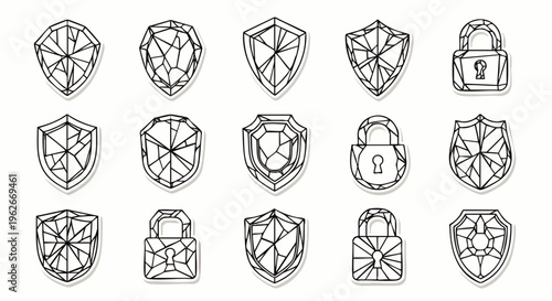 Modern geometric outline shields and padlocks vector icon set, symbolizing cyber security, data protection, and digital privacy. Polygonal security symbols for web.