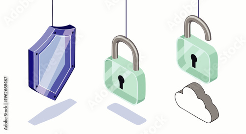 Digital security concept: shield, locked and unlocked padlock, and cloud icons in isometric 3D illustration