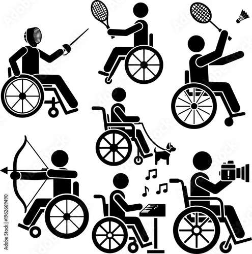 Adaptive Sports Icons Set – Disabled Athletes Wheelchair Activities Tennis Archery Music Photography Vector Pictograms