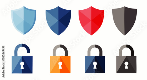Set of colorful shield and padlock icons in a modern geometric low-poly style, representing security and protection