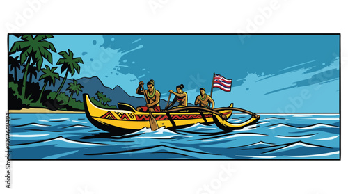 Canoe on Ocean with Three People and Hawaiian Flag