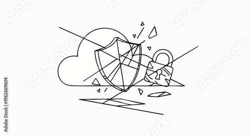 Conceptual illustration of a cloud data breach, depicting a broken shield and padlock, symbolizing digital security failure and information vulnerability.