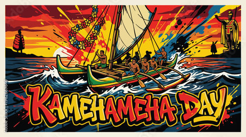 Outrigger Canoe Hawaiian Paddlers on Ocean with Colorful Sunset Sky