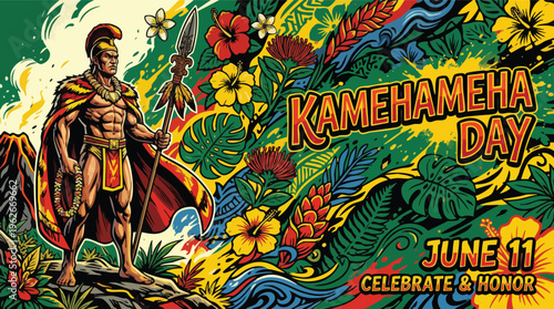 Kamehameha Day Hawaiian Warrior Tropical Floral Pattern Celebration