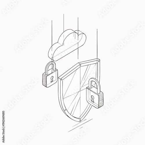 Isometric line art sketch illustrating cloud computing security, data protection, and digital privacy with a shield and padlocks.