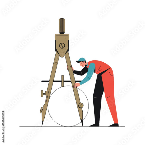 Professional Engineer or Designer Using a Giant Compass to Draw Precise Geometric Shapes, Illustrating Accuracy and Planning in Design