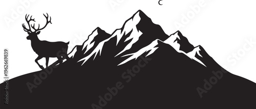 Deer standing on mountain peak at night in silhouette style