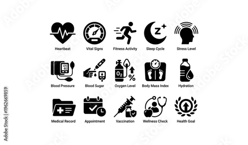Health and wellness icon set including heartbeat fitness sleep and vaccination symbols