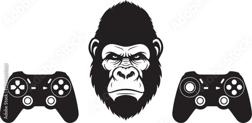 Gorilla face with two video game controllers illustration