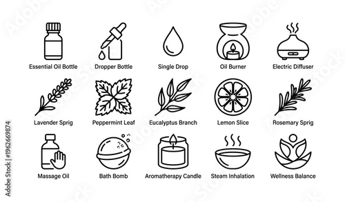 Aromatherapy icons featuring essential oils, diffusers, herbs, and candles