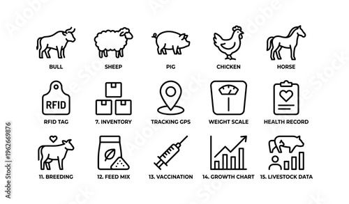 Farm animal tracking and management icons with rfid and gps symbols