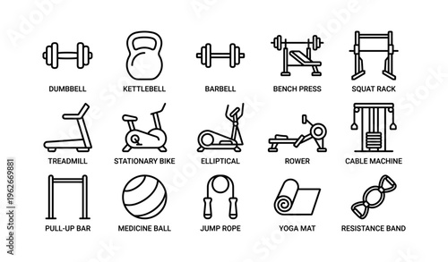 Icon set of various gym equipment for fitness and strength training