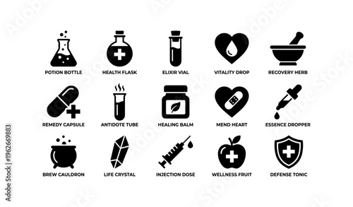 Set of 16 black icons featuring potion bottles, health flasks, and magical remedies