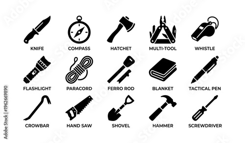 Essential survival tools: knife, compass, hatchet, multi-tool, whistle icons
