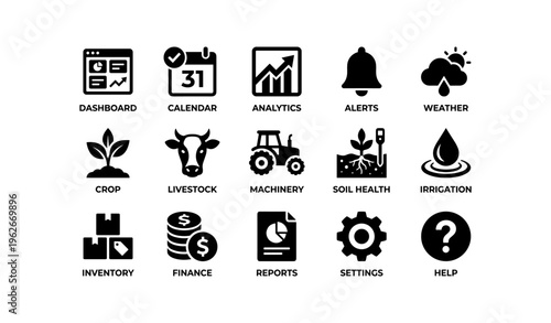 Farm management icons: dashboard, calendar, analytics, alerts, weather overview