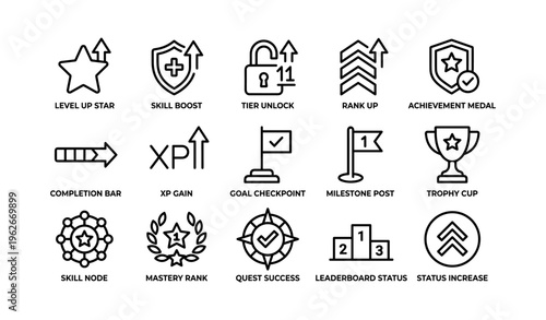 Gaming achievement icons: level, skill boost, rank, trophy, xp gain, milestone symbols