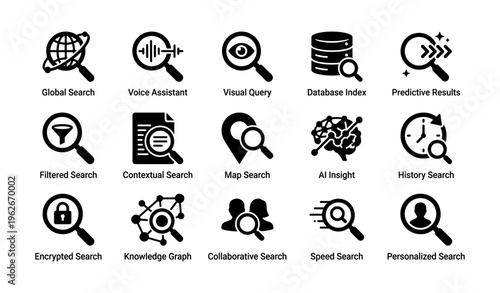 Search and data icons: global, voice, visual, database, predictive