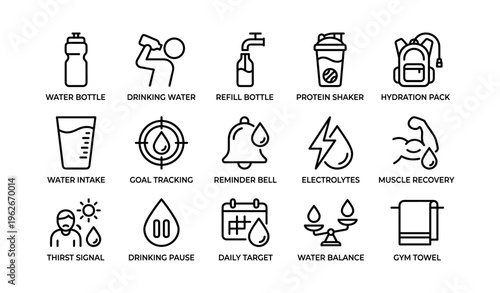 Hydration symbols: bottles, shaker, intake, electrolytes, muscle recovery