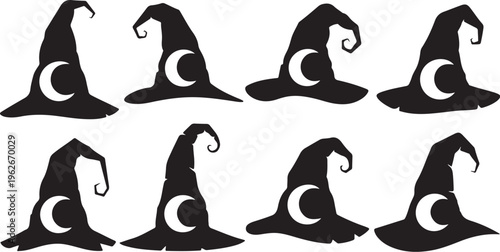 Collection of black witch hats with crescent moon symbols