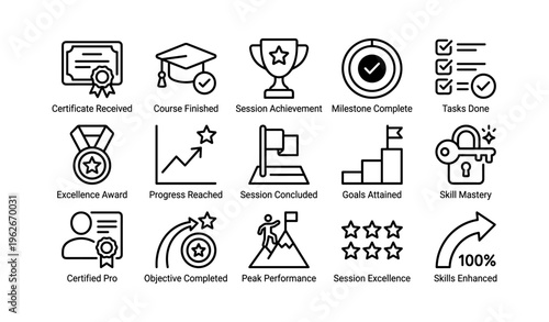 Achievement icons set: certificates, awards, goals, and skills mastery