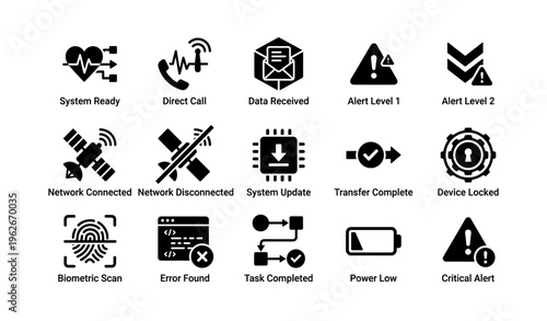 System icons set: alert levels, network status, biometric scan, power levels, task management