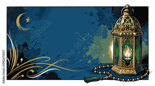 Muharram Lantern and Prayer Beads with Islamic Symbol on Dark Blue Background