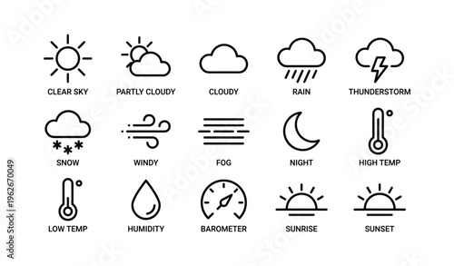 Weather icons collection: sun, clouds, rain, wind, temperature, and more