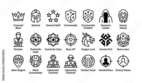 Icon set of fantasy characters and symbols with mythical elements