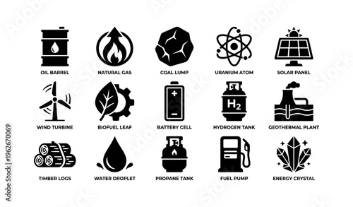 Black energy icons: oil, solar, wind, biofuel, nuclear, battery, hydrogen