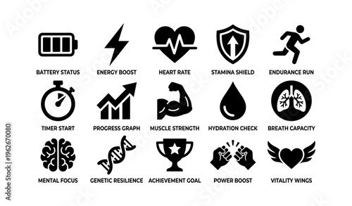 Fitness icon set: battery, energy, heart, shield, running, timer, progress, muscle, hydration, breath