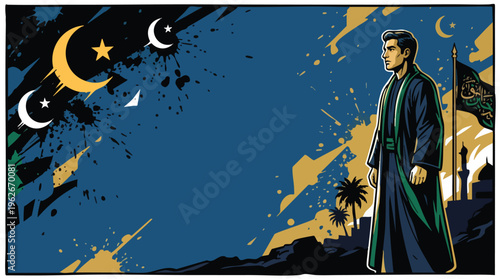 Muharram Night Sky with Crescent Moons Stars and Standing Man