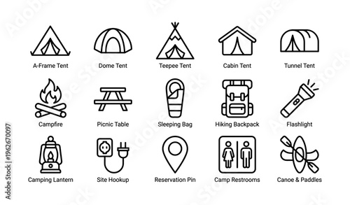 Camping equipment icons: tents, campfire, backpack, flashlight, canoe, reservation pin