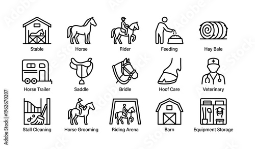 Equestrian icons: tack, care, maintenance, and stable activities