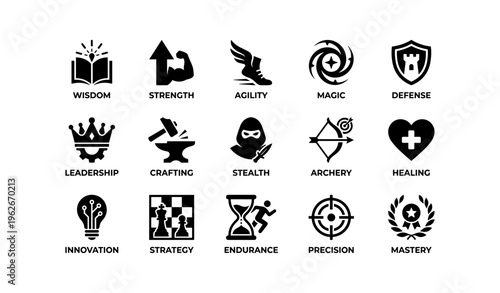 Set of 15 adventure-themed icons representing skills and abilities