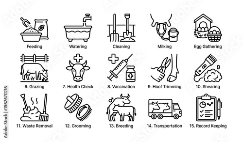 Animal farm tasks icons set: feeding, milking, egg gathering, grazing, transportation