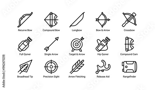 Archery equipment icons: bows, arrows, quivers, and accessories