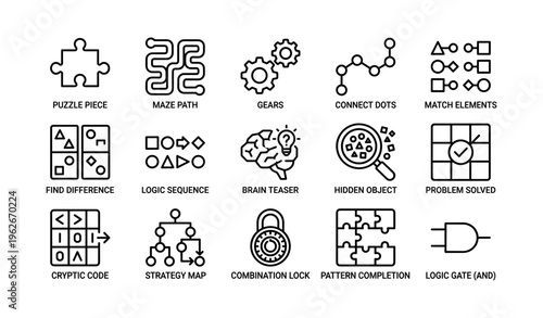 Set of logic puzzles and brain teasers for cognitive challenge and problem solving