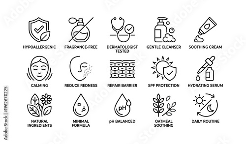 Skincare icon set featuring dermatologist tested hypoallergenic products with soothing and cleansing properties