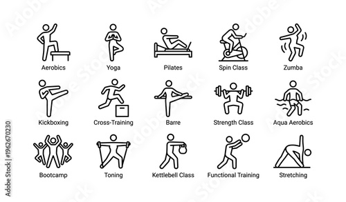 Fitness class icons: aerobics, yoga, pilates, cycling, zumba, kickboxing, strength, bootcamp