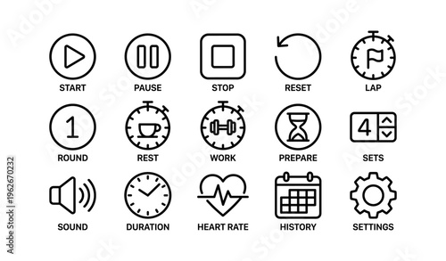 Fitness tracker icons for workout sessions with stopwatch and settings