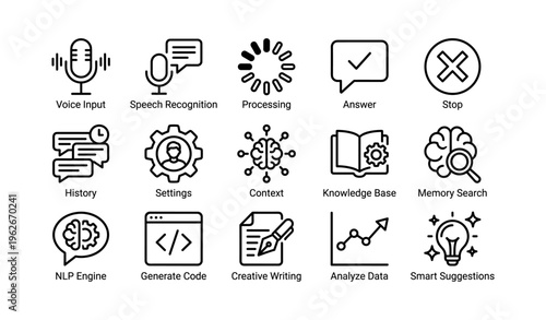 Voice and data processing icons: ai technology and machine learning concepts