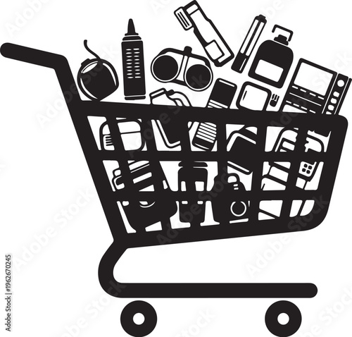 Shopping cart filled with various products and goods illustration