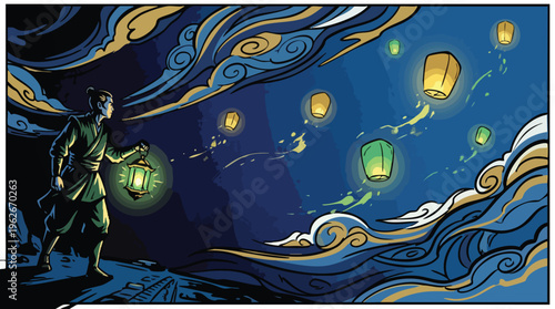 Muharram Night Sky Gradient with Lantern Glow Bold Graphic Poster Background