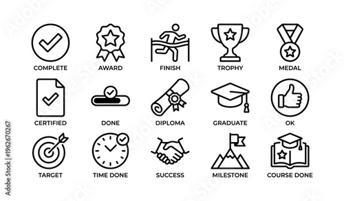 Achievement symbols: trophy, diploma, medal, graduation, milestone icons