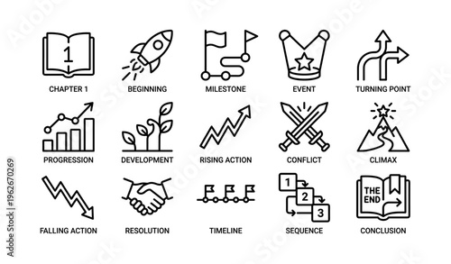 Illustrated icons representing narrative elements in storytelling