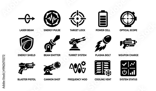 Futuristic weaponry icons set: energy, beam, turret, plasma, shield