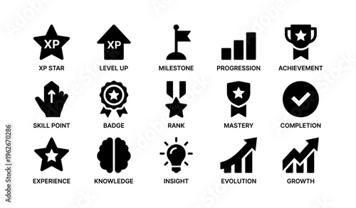 Achievement icons set: progression, mastery, level up elements for games