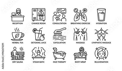 Wellness and spa icons: consultation, massage, detox, relaxation