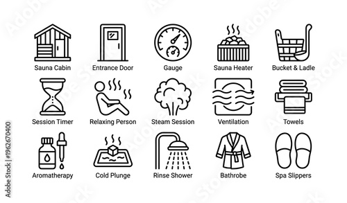 Spa icons: sauna, steam, aromatherapy, relaxation, towels, bathrobe
