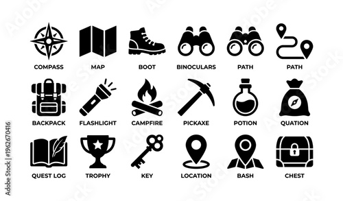 Adventure symbols: compass, map, binoculars, campfire, trophy, key, chest collection